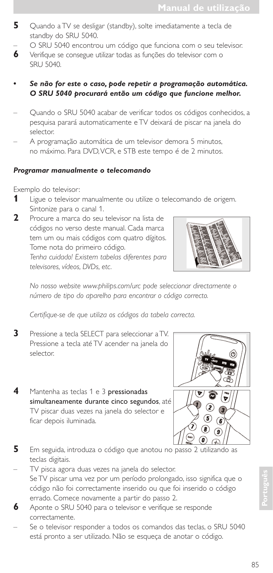 Manual de utilização, Manual de utilização 5 | Philips Mando a distancia universal User Manual | Page 85 / 120