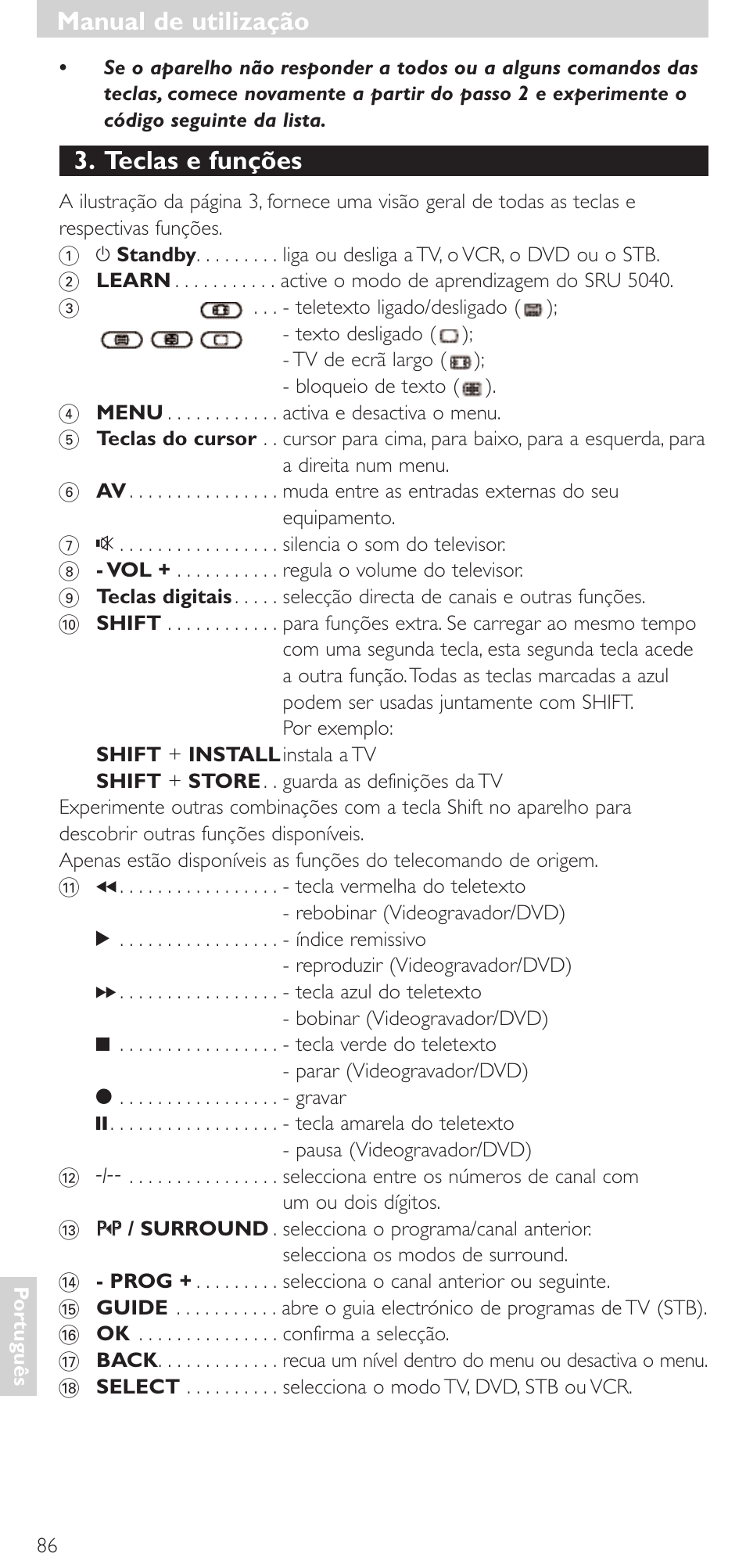 Manual de utilização, Teclas e funções | Philips Mando a distancia universal User Manual | Page 86 / 120