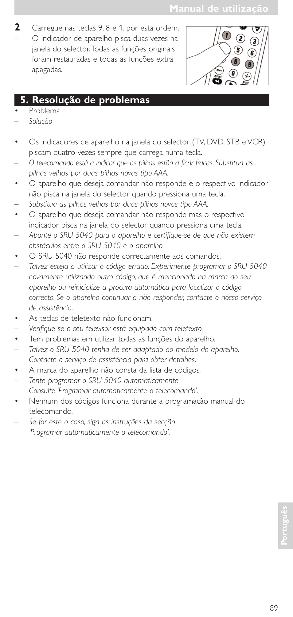 Resolução de problemas, Manual de utilização | Philips Mando a distancia universal User Manual | Page 89 / 120