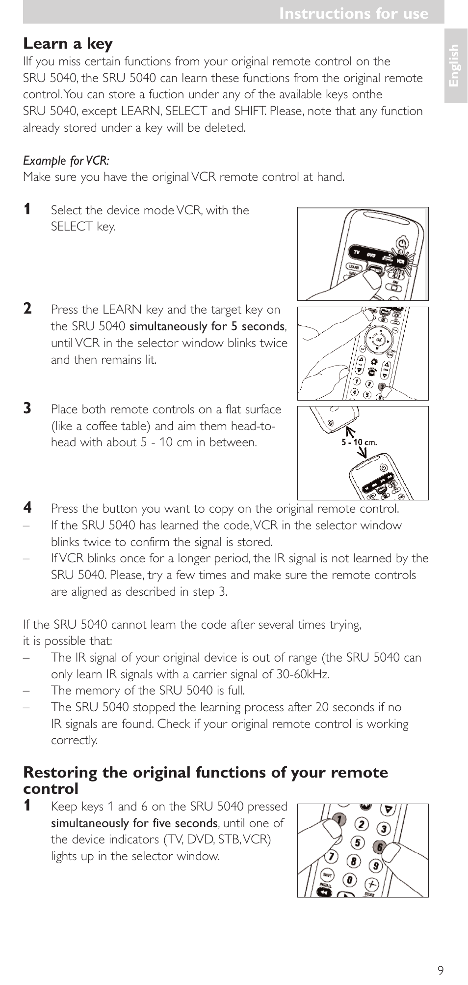 Learn a key, Instructions for use | Philips Mando a distancia universal User Manual | Page 9 / 120