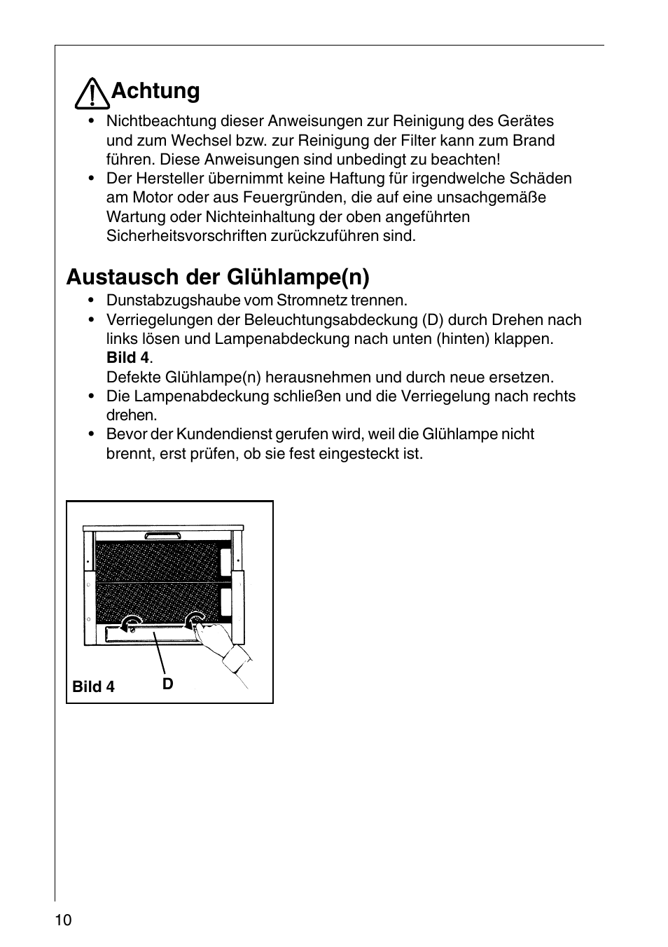 Achtung, Austausch der glühlampe(n) | AEG COOKER HOOD DF6260-ML/1 User Manual | Page 10 / 80