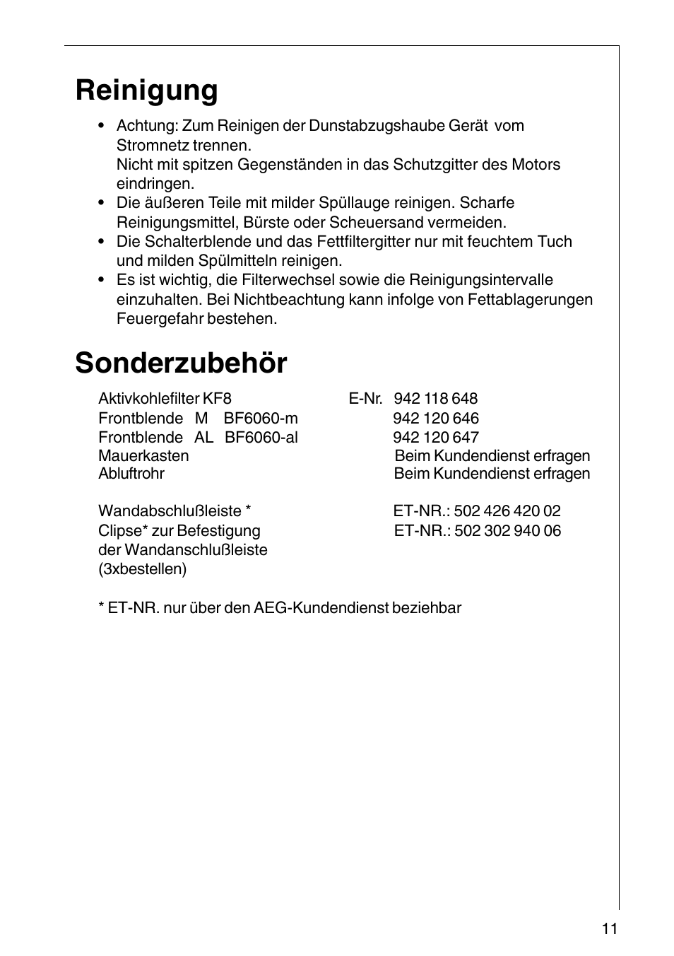 Reinigung, Sonderzubehör | AEG COOKER HOOD DF6260-ML/1 User Manual | Page 11 / 80