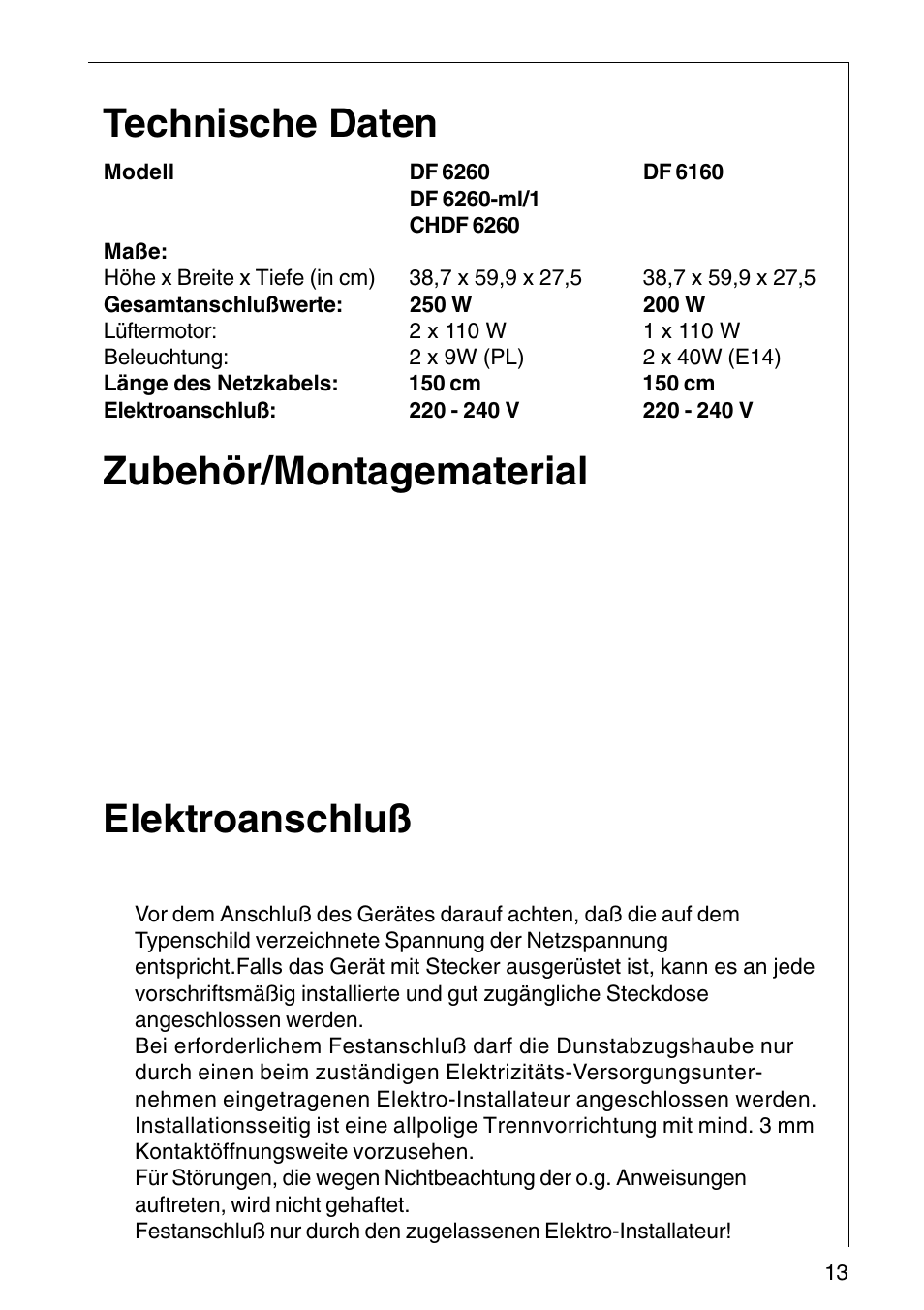 Technische daten, Zubehör/montagematerial, Elektroanschluß | Sicherheitshinweise für den elektro-installateur | AEG COOKER HOOD DF6260-ML/1 User Manual | Page 13 / 80