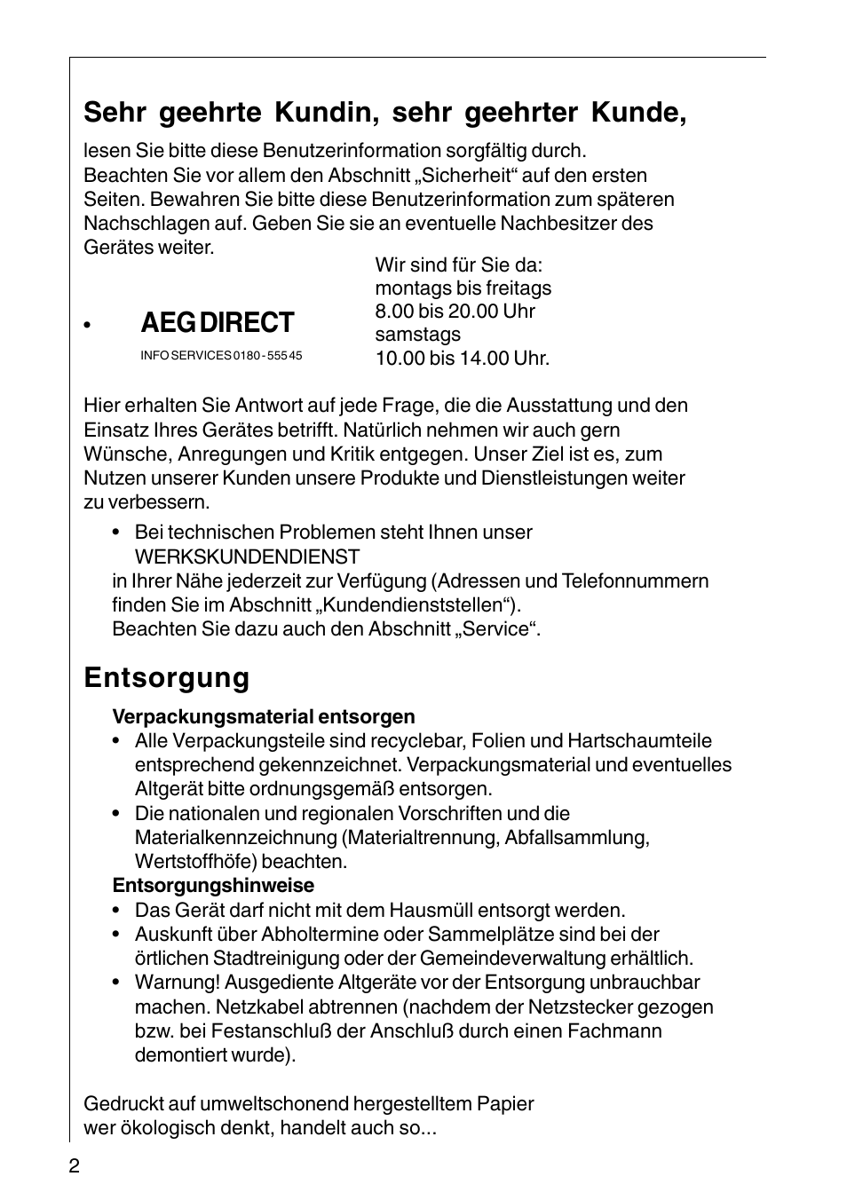 Sehr geehrte kundin, sehr geehrter kunde, Aeg direct, Entsorgung | AEG COOKER HOOD DF6260-ML/1 User Manual | Page 2 / 80