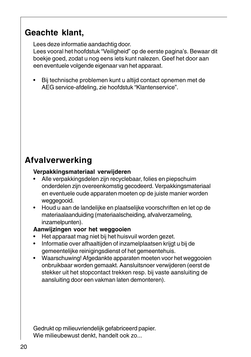 Afvalverwerking, Geachte klant | AEG COOKER HOOD DF6260-ML/1 User Manual | Page 20 / 80