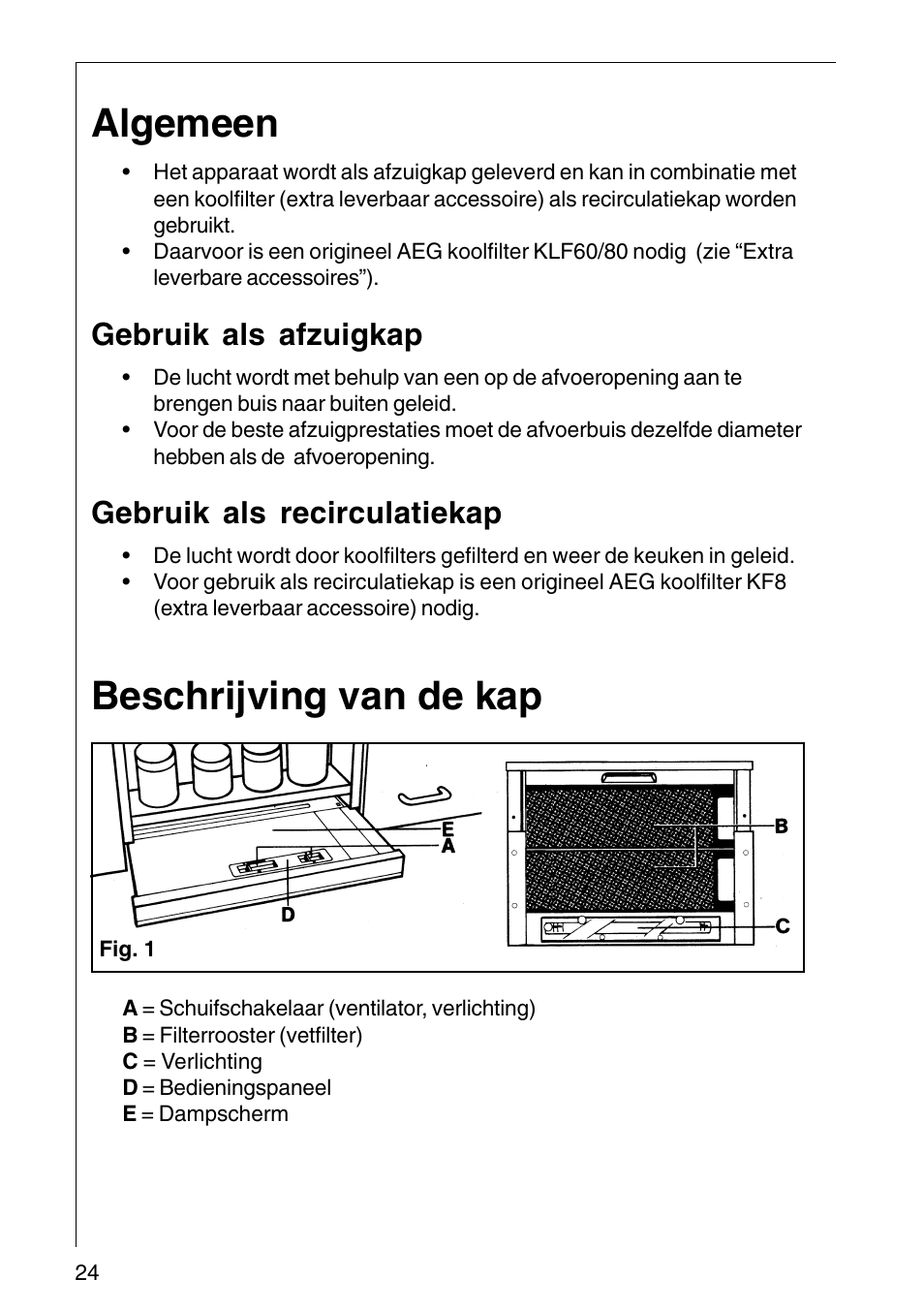 Algemeen, Beschrijving van de kap, Gebruik als afzuigkap | Gebruik als recirculatiekap | AEG COOKER HOOD DF6260-ML/1 User Manual | Page 24 / 80