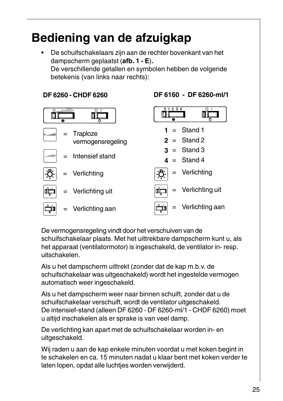 Bediening van de afzuigkap | AEG COOKER HOOD DF6260-ML/1 User Manual | Page 25 / 80