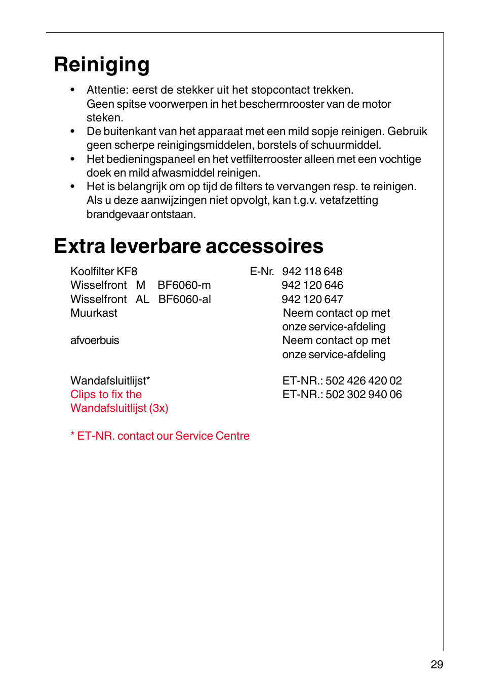 Reiniging, Extra leverbare accessoires | AEG COOKER HOOD DF6260-ML/1 User Manual | Page 29 / 80