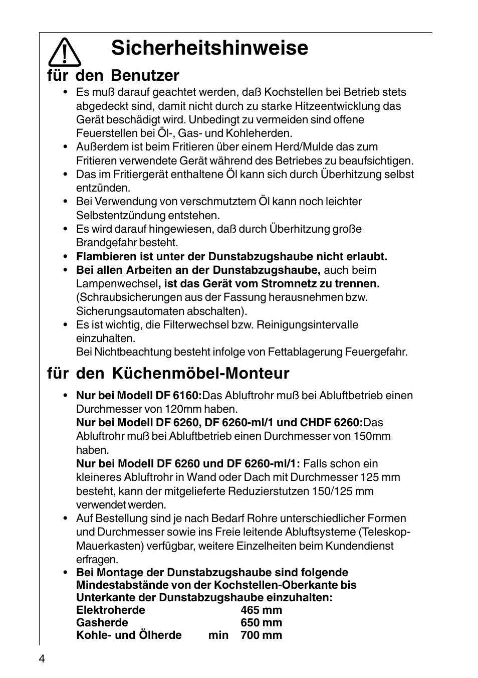Sicherheitshinweise, Für den benutzer, Für den küchenmöbel-monteur | AEG COOKER HOOD DF6260-ML/1 User Manual | Page 4 / 80