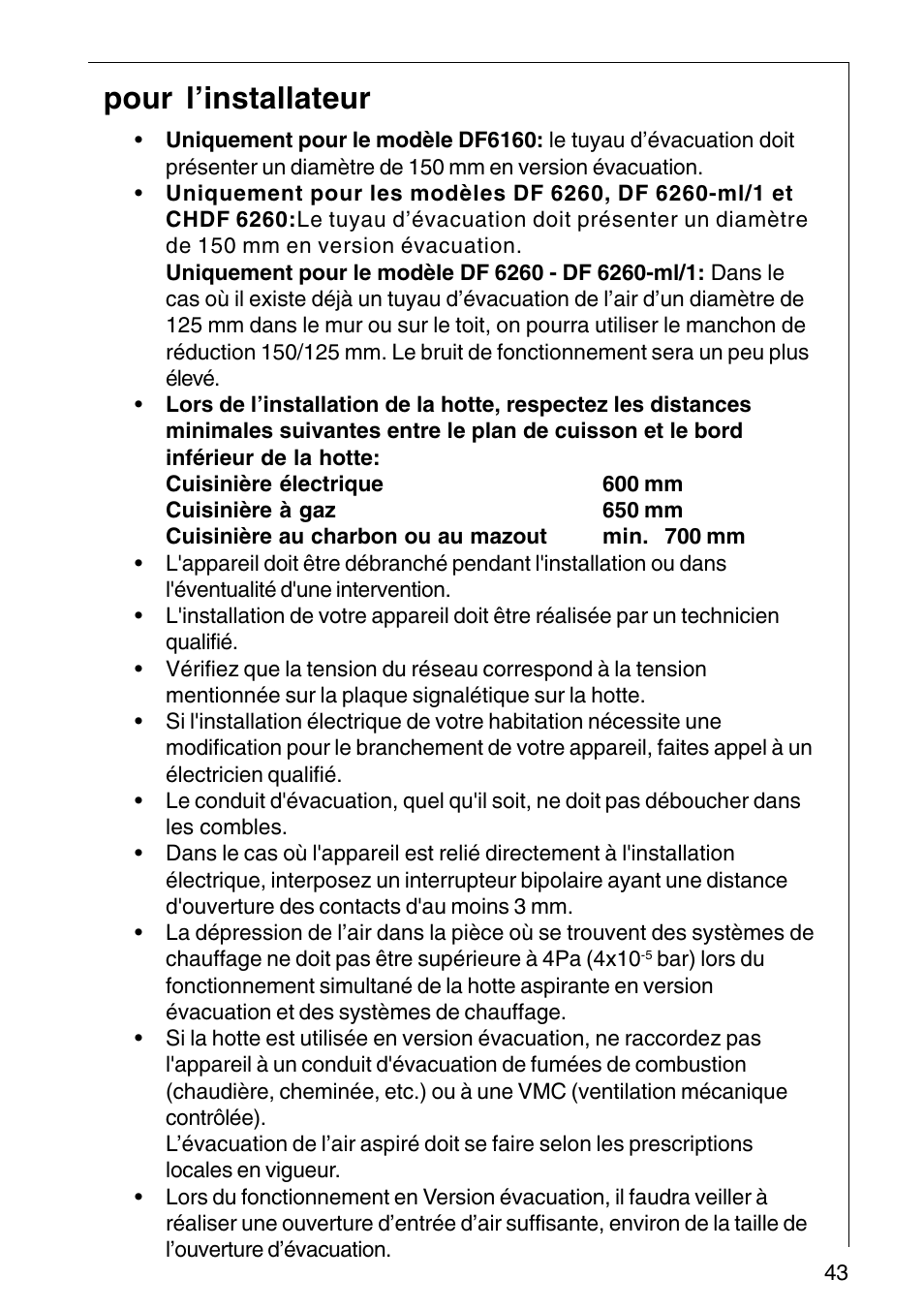 Pour l’installateur | AEG COOKER HOOD DF6260-ML/1 User Manual | Page 43 / 80