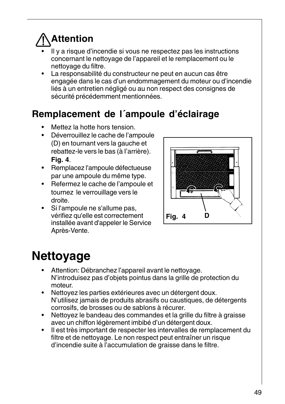 Nettoyage, Attention, Remplacement de l´ampoule d’éclairage | AEG COOKER HOOD DF6260-ML/1 User Manual | Page 49 / 80
