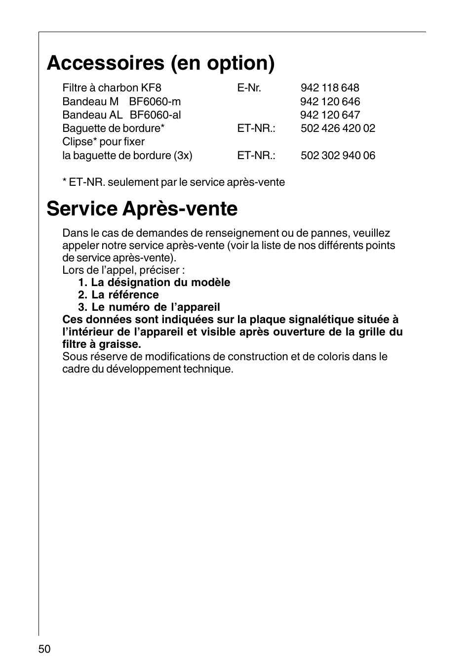 Accessoires (en option), Service après-vente | AEG COOKER HOOD DF6260-ML/1 User Manual | Page 50 / 80