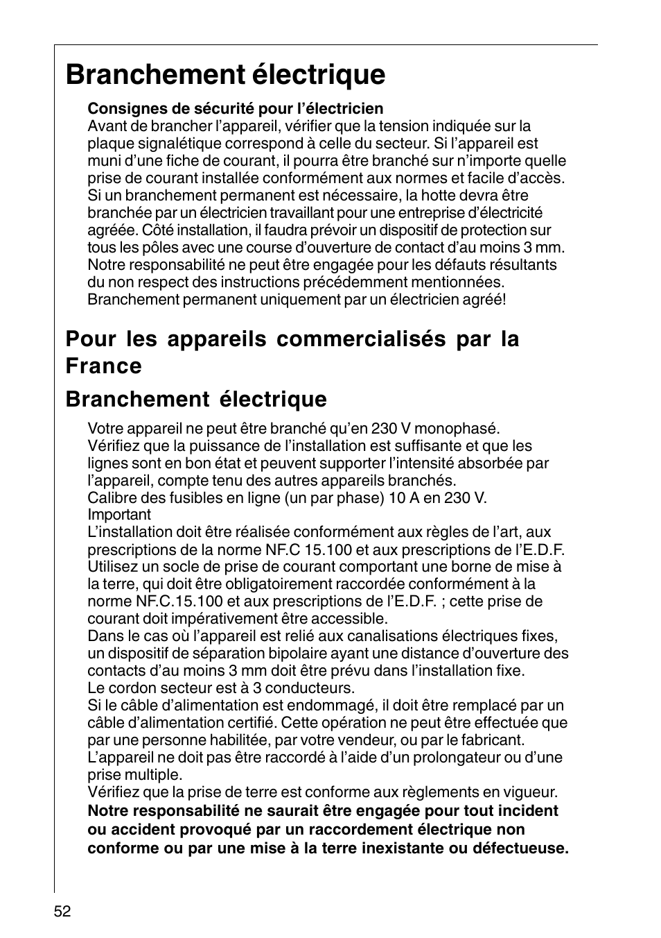 Branchement électrique | AEG COOKER HOOD DF6260-ML/1 User Manual | Page 52 / 80