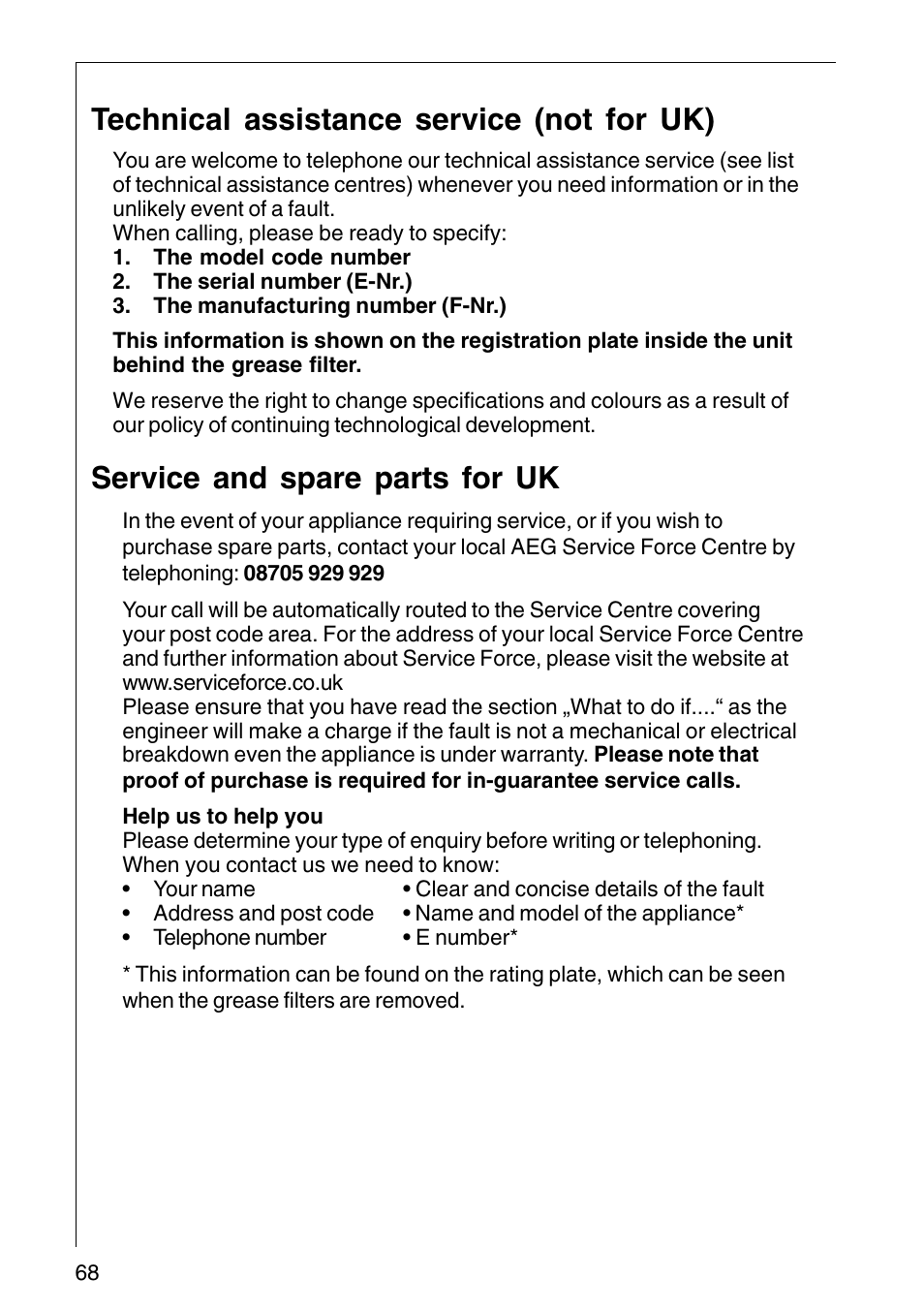 Technical assistance service (not for uk), Service and spare parts for uk | AEG COOKER HOOD DF6260-ML/1 User Manual | Page 68 / 80