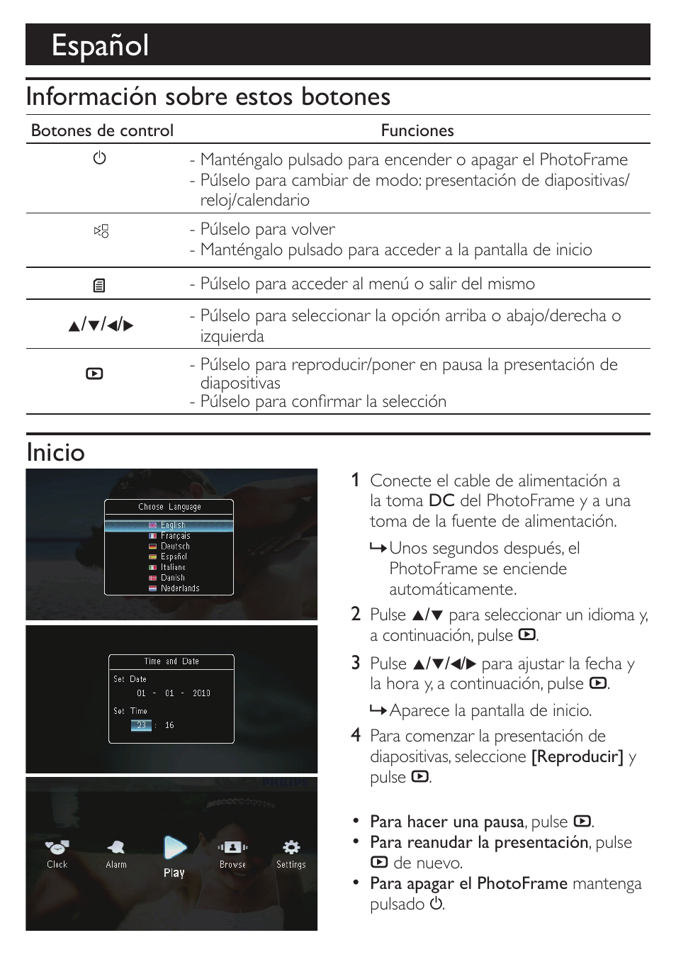 Español, Inicio información sobre estos botones | Philips Digital PhotoFrame User Manual | Page 4 / 8