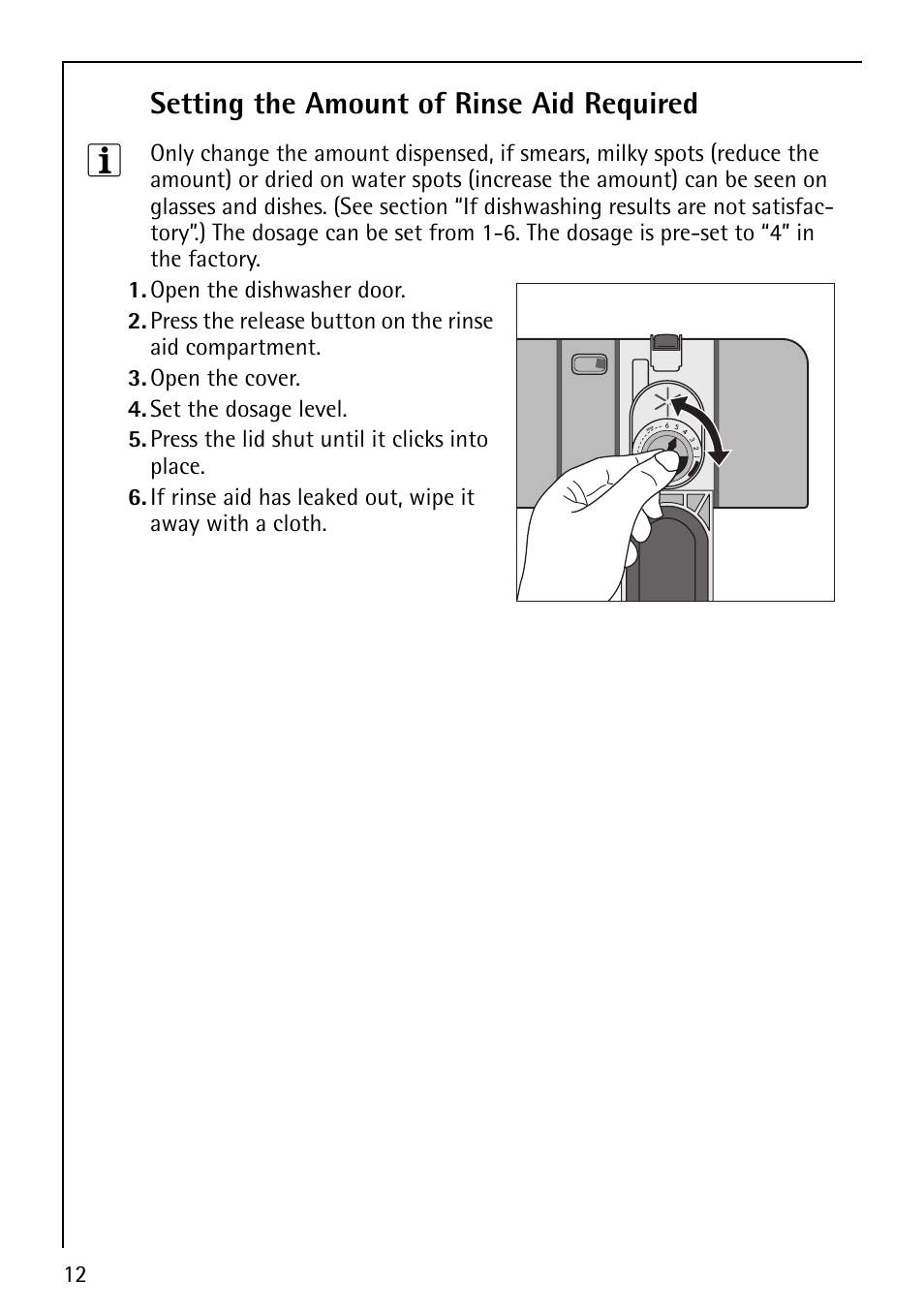 Setting the amount of rinse aid required | AEG FAVORIT 40850 User Manual | Page 12 / 44
