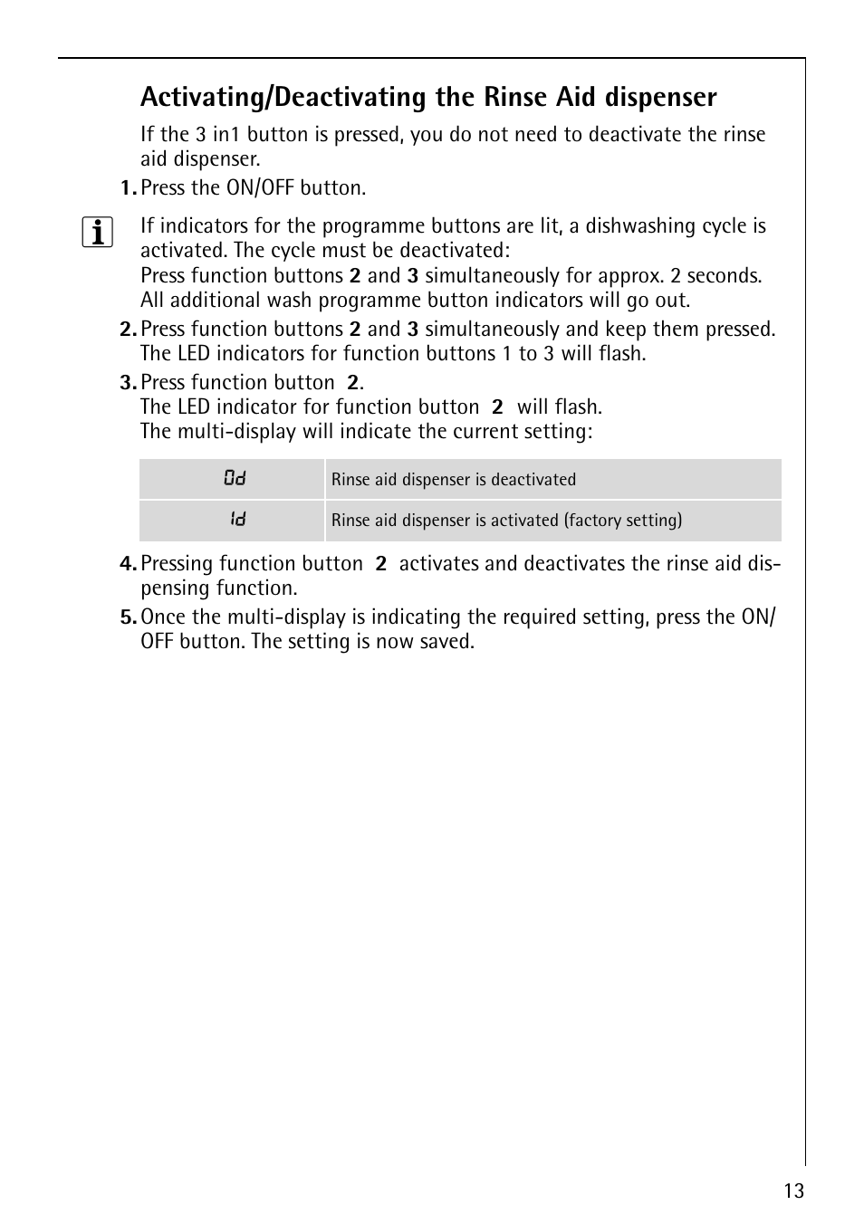 Activating/deactivating the rinse aid dispenser | AEG FAVORIT 40850 User Manual | Page 13 / 44