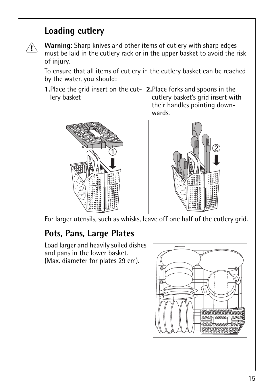 Loading cutlery, Pots, pans, large plates | AEG FAVORIT 40850 User Manual | Page 15 / 44