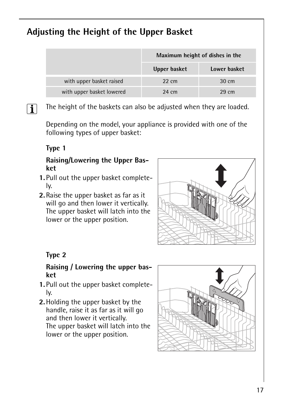 Adjusting the height of the upper basket | AEG FAVORIT 40850 User Manual | Page 17 / 44