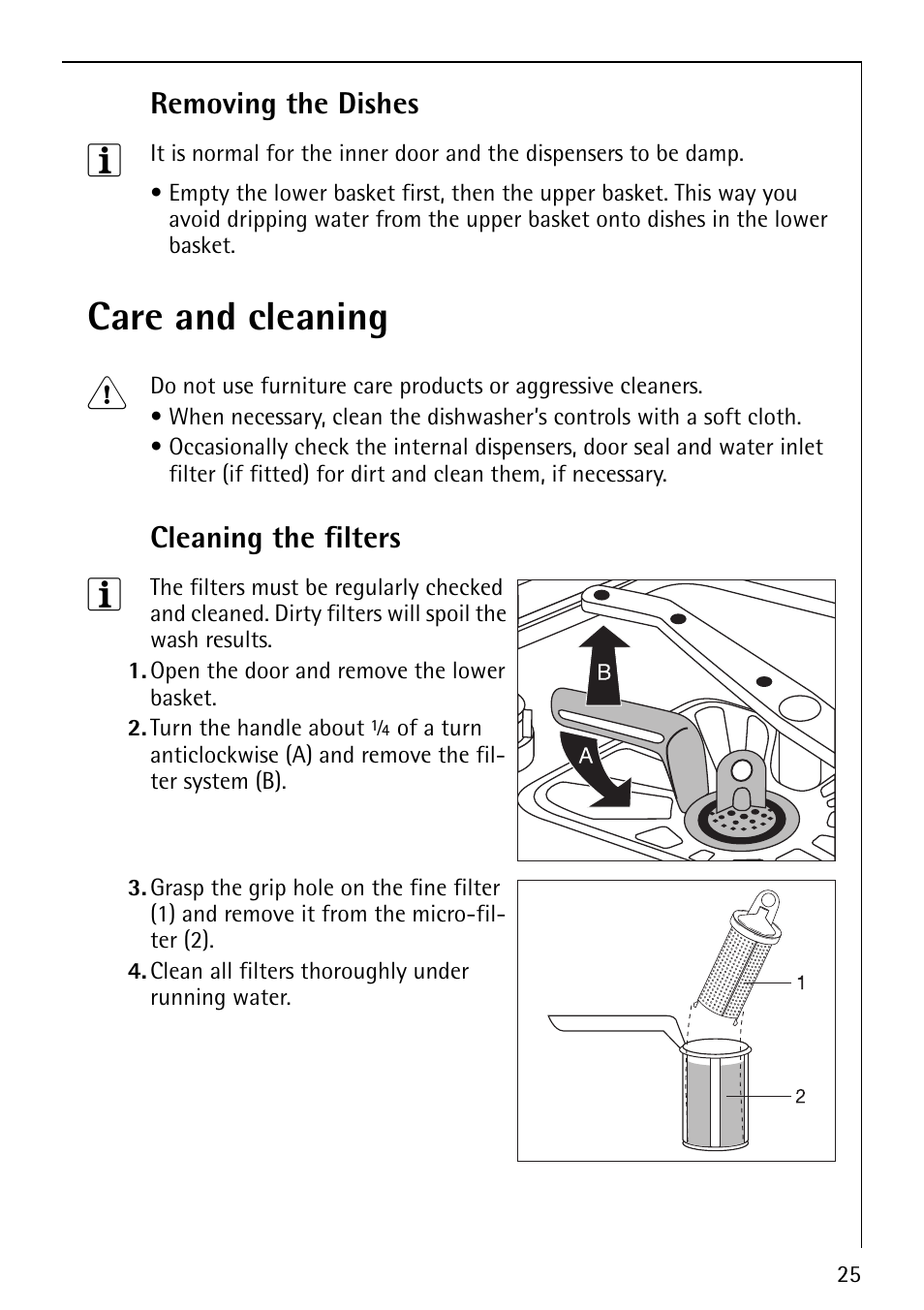 Care and cleaning 1, Removing the dishes, Cleaning the filters | AEG FAVORIT 40850 User Manual | Page 25 / 44
