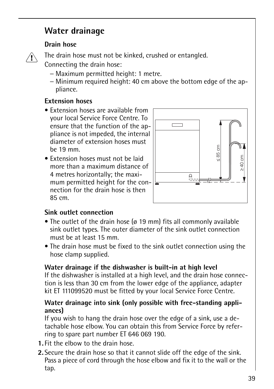 Water drainage | AEG FAVORIT 40850 User Manual | Page 39 / 44