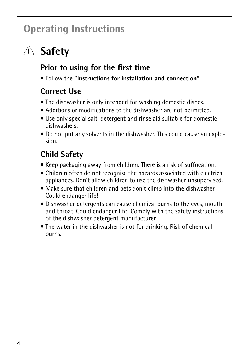 Operating instructions 1 safety, Prior to using for the first time, Correct use | Child safety | AEG FAVORIT 40850 User Manual | Page 4 / 44