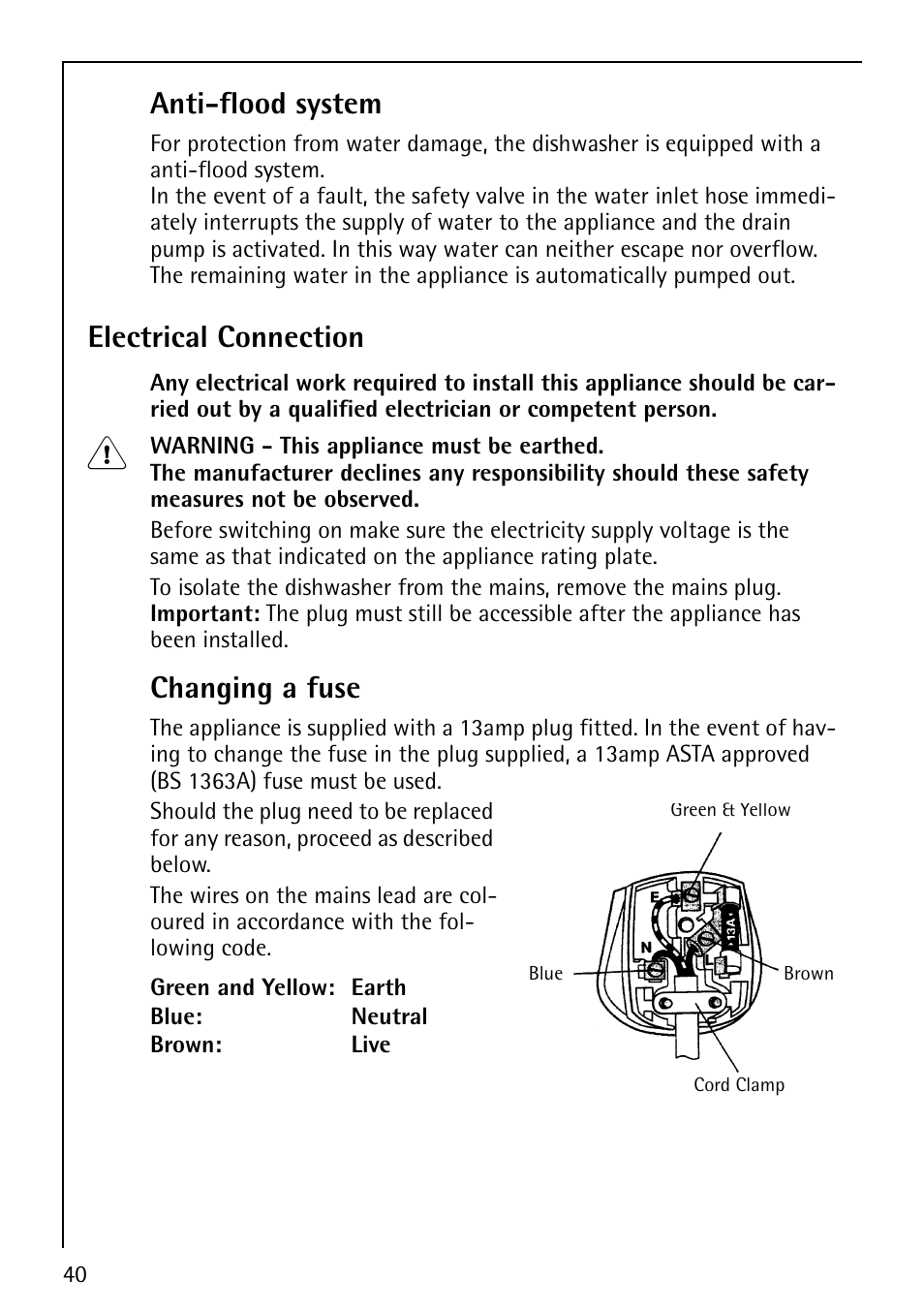 Anti-flood system, Electrical connection, Changing a fuse | AEG FAVORIT 40850 User Manual | Page 40 / 44