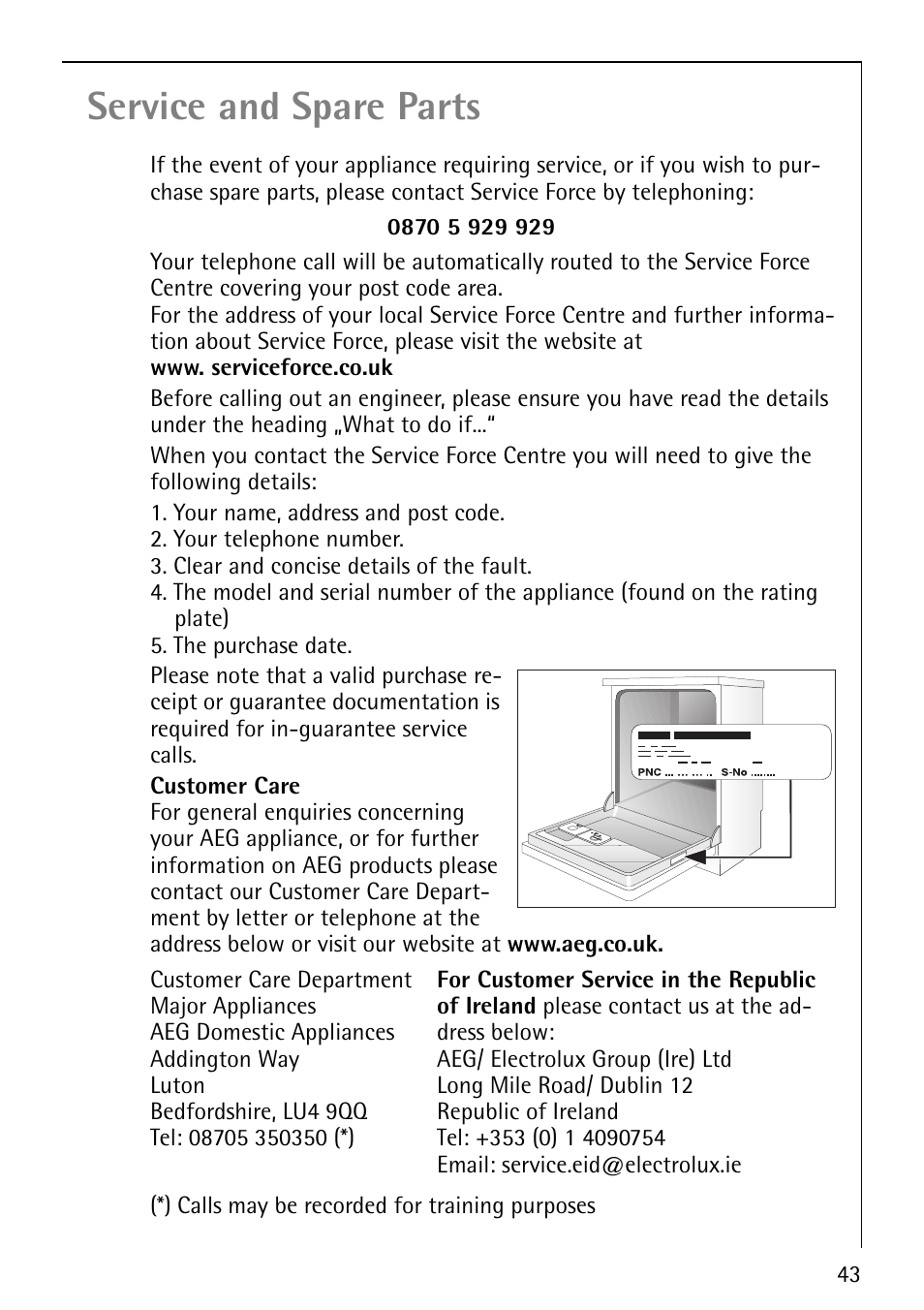 Service and spare parts | AEG FAVORIT 40850 User Manual | Page 43 / 44