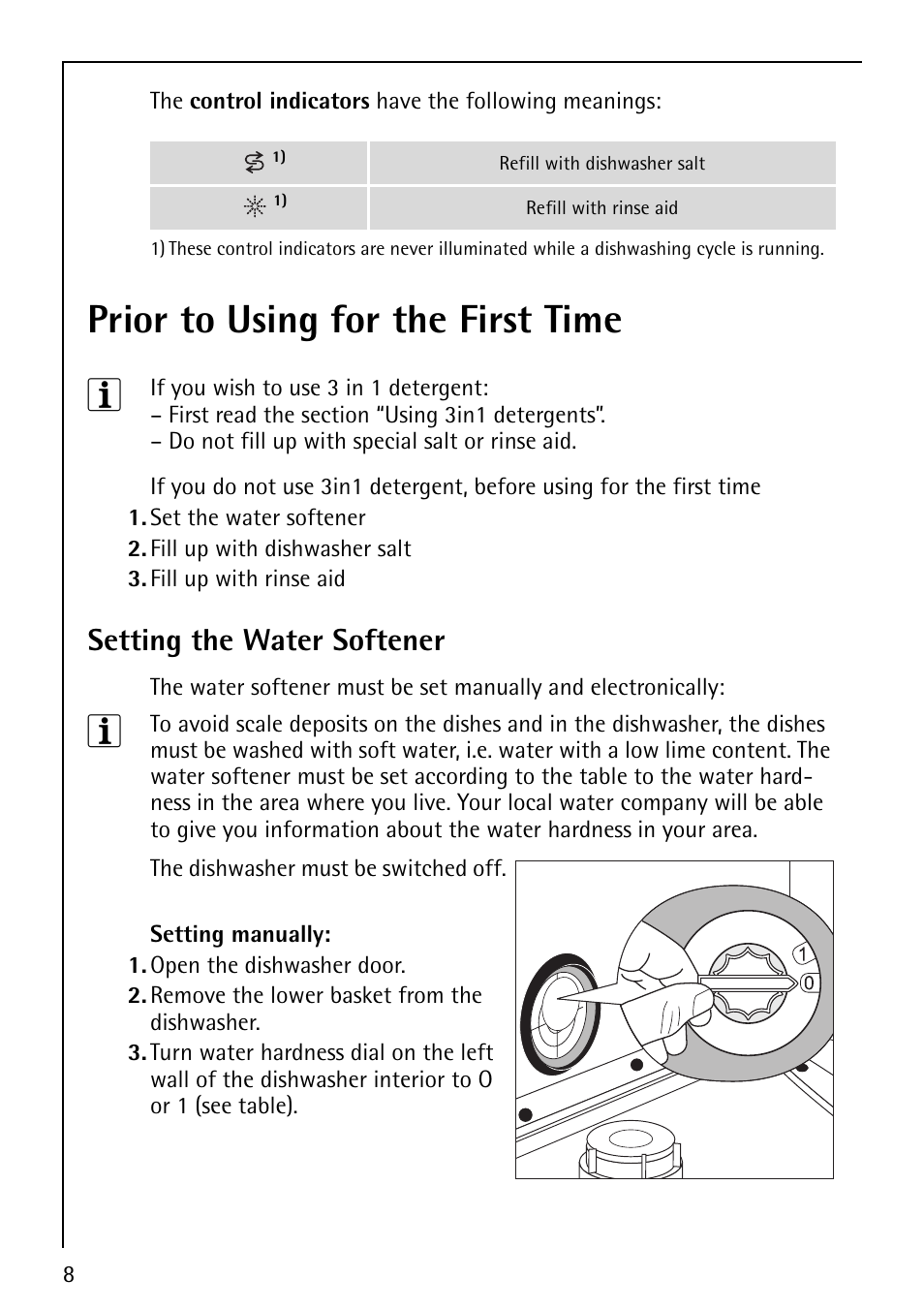 Prior to using for the first time 3, Setting the water softener | AEG FAVORIT 40850 User Manual | Page 8 / 44