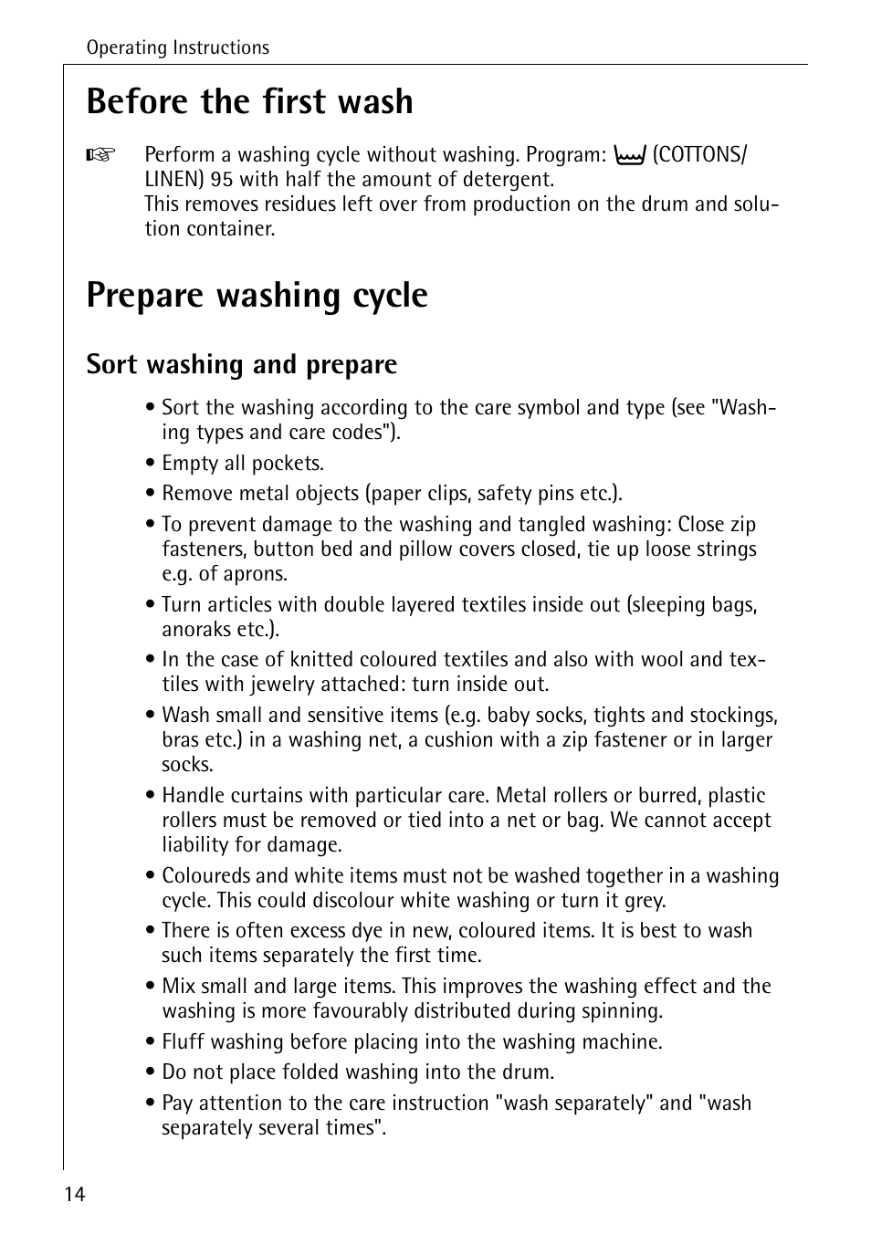 Before the first wash, Prepare washing cycle, Sort washing and prepare | AEG KO-LAVAMAT 72640 User Manual | Page 14 / 56