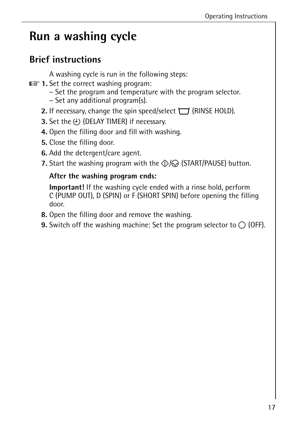 Run a washing cycle, Brief instructions | AEG KO-LAVAMAT 72640 User Manual | Page 17 / 56