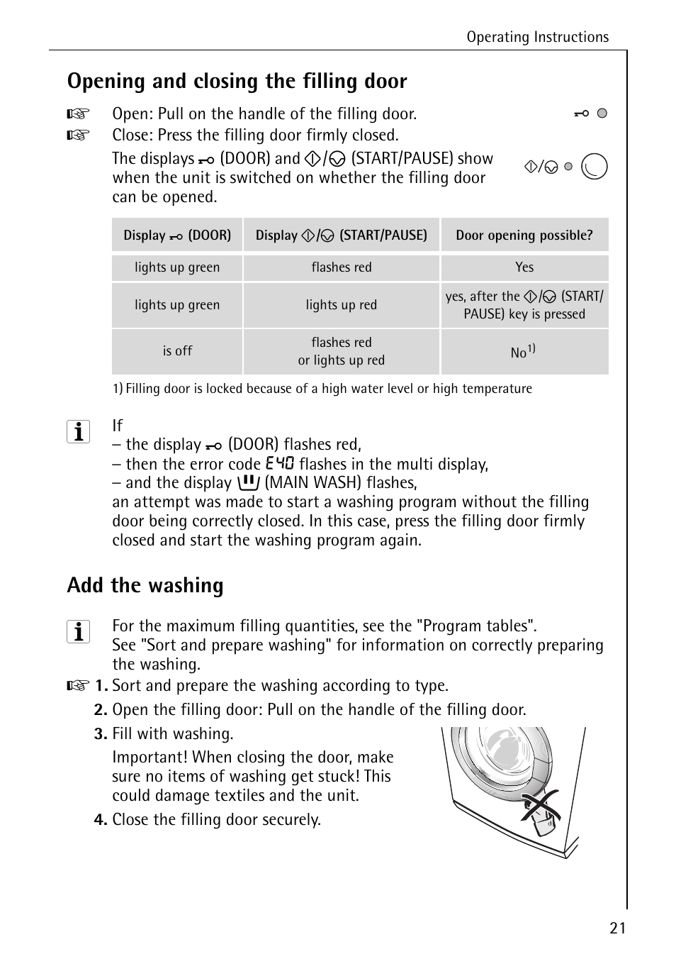 Opening and closing the filling door, Add the washing | AEG KO-LAVAMAT 72640 User Manual | Page 21 / 56