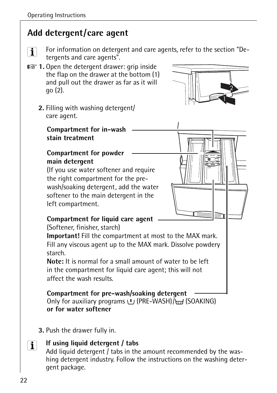 Add detergent/care agent | AEG KO-LAVAMAT 72640 User Manual | Page 22 / 56