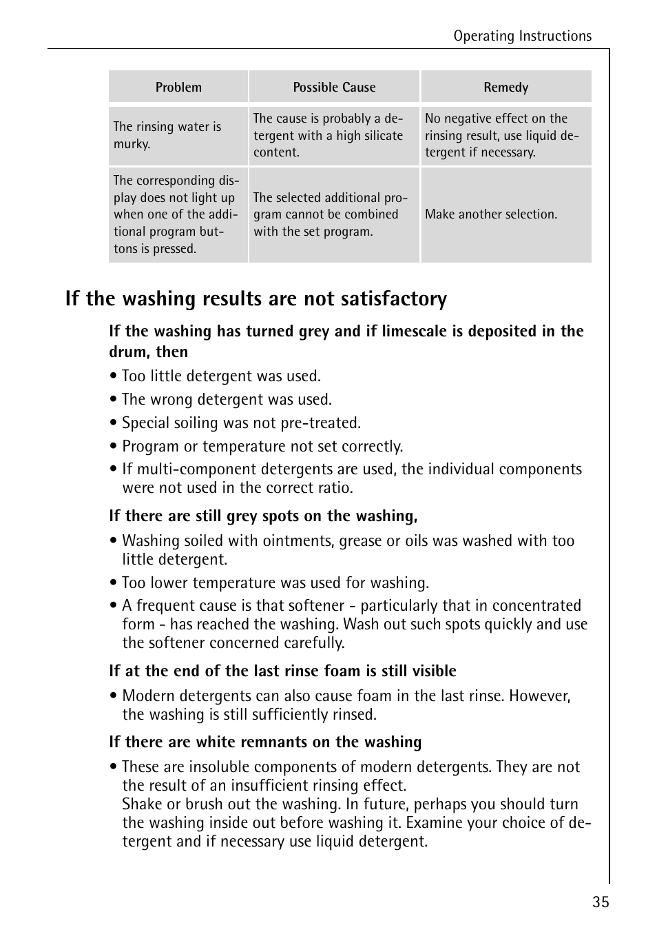If the washing results are not satisfactory | AEG KO-LAVAMAT 72640 User Manual | Page 35 / 56