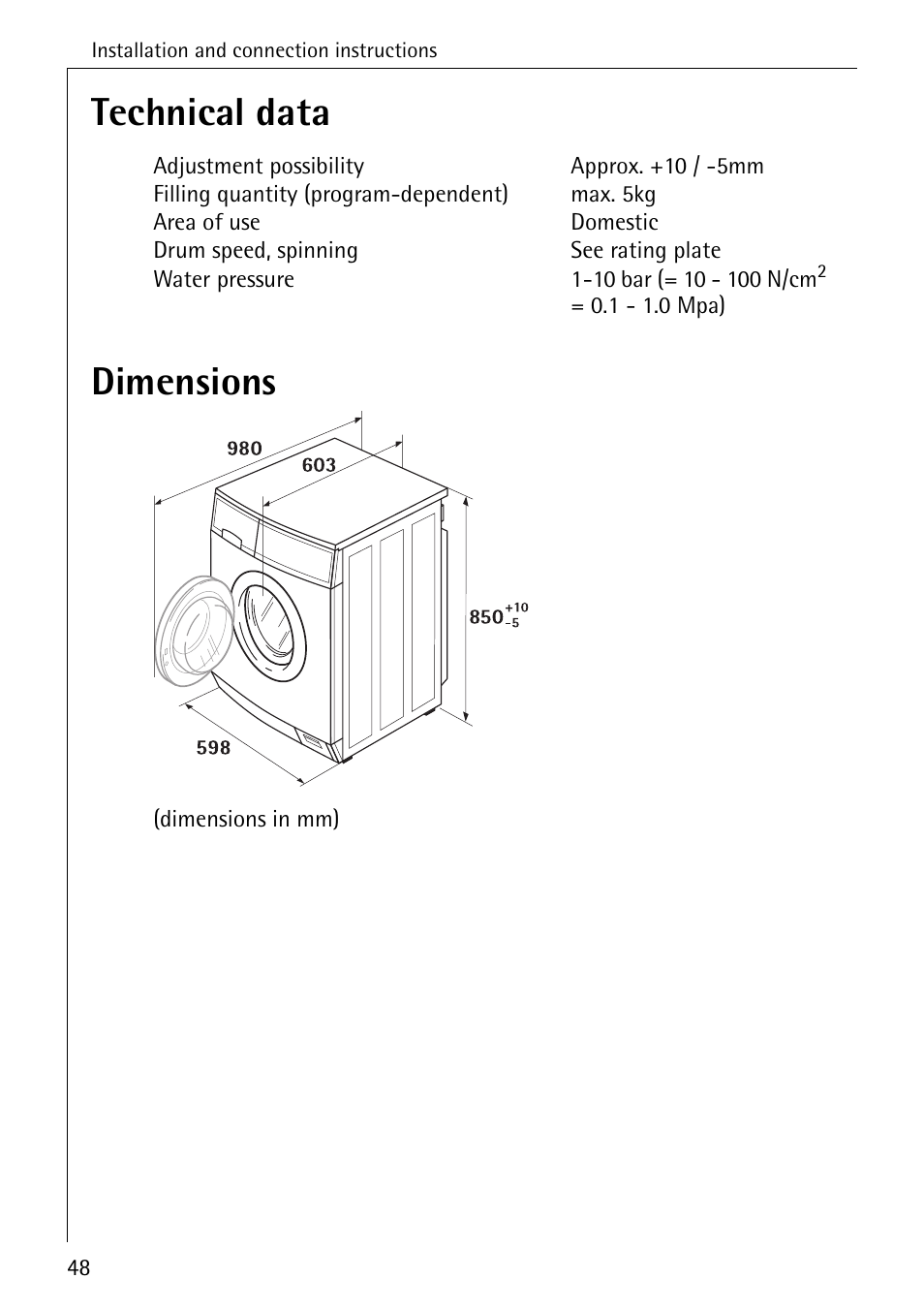 Technical data dimensions | AEG KO-LAVAMAT 72640 User Manual | Page 48 / 56
