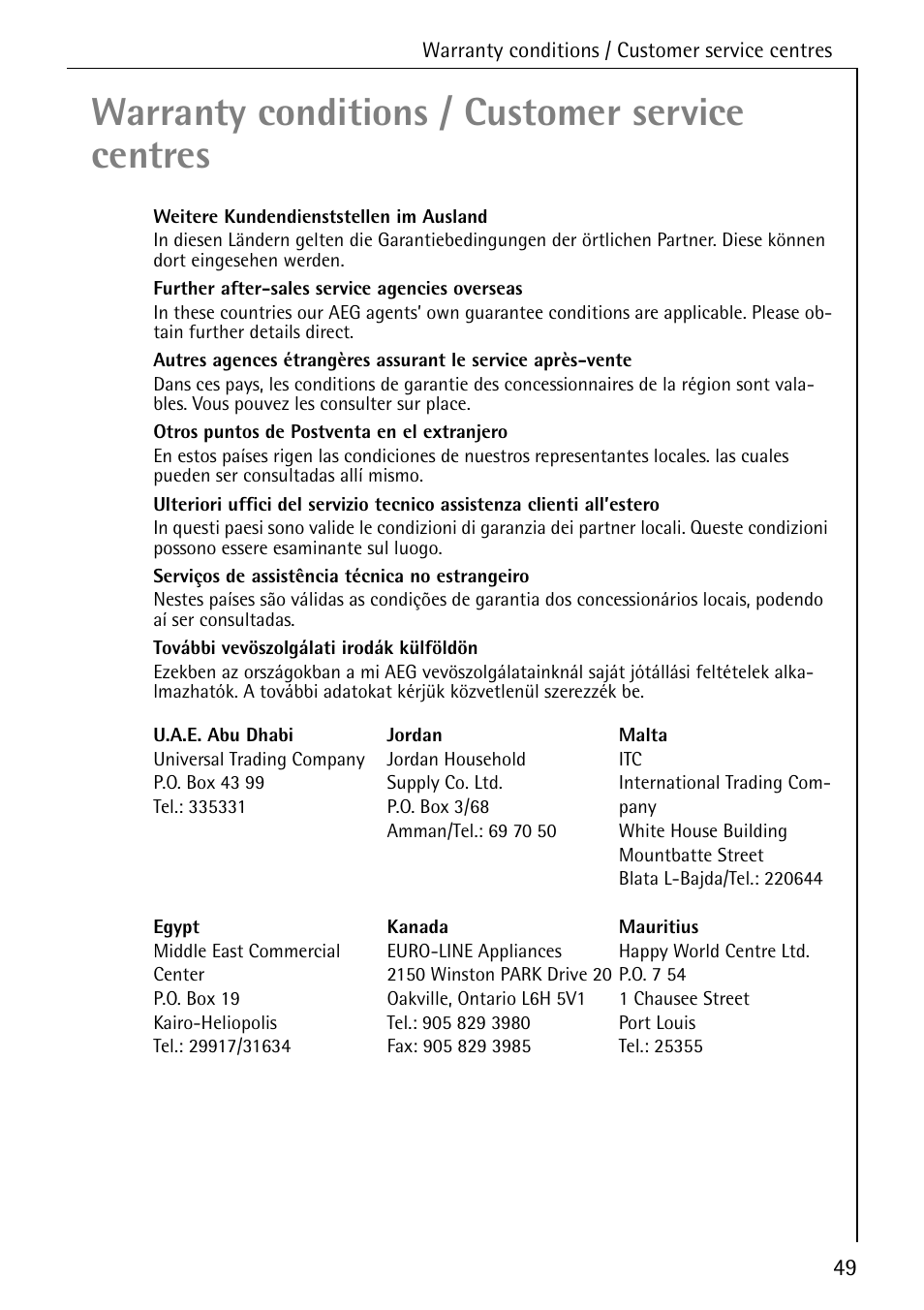 Warranty conditions / customer service centres | AEG KO-LAVAMAT 72640 User Manual | Page 49 / 56