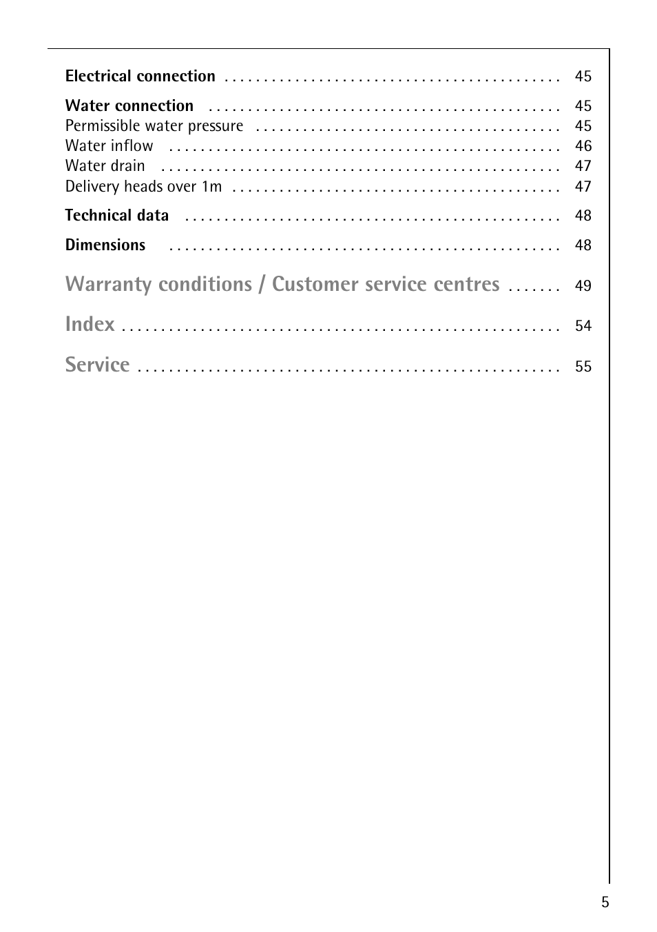 Warranty conditions / customer service centres, Index, Service | AEG KO-LAVAMAT 72640 User Manual | Page 5 / 56