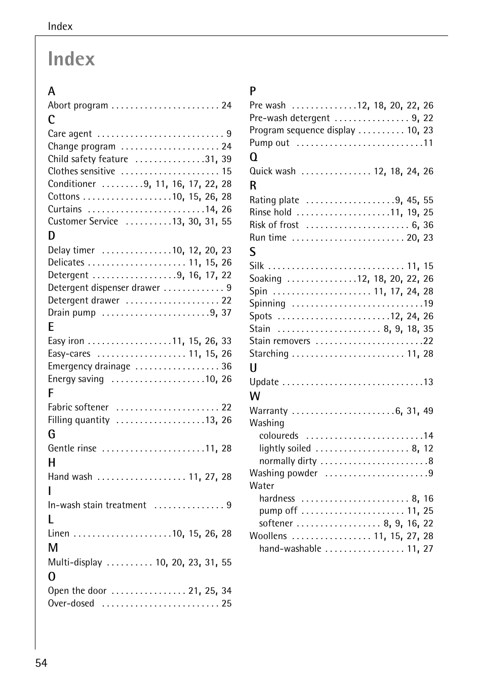 Index | AEG KO-LAVAMAT 72640 User Manual | Page 54 / 56
