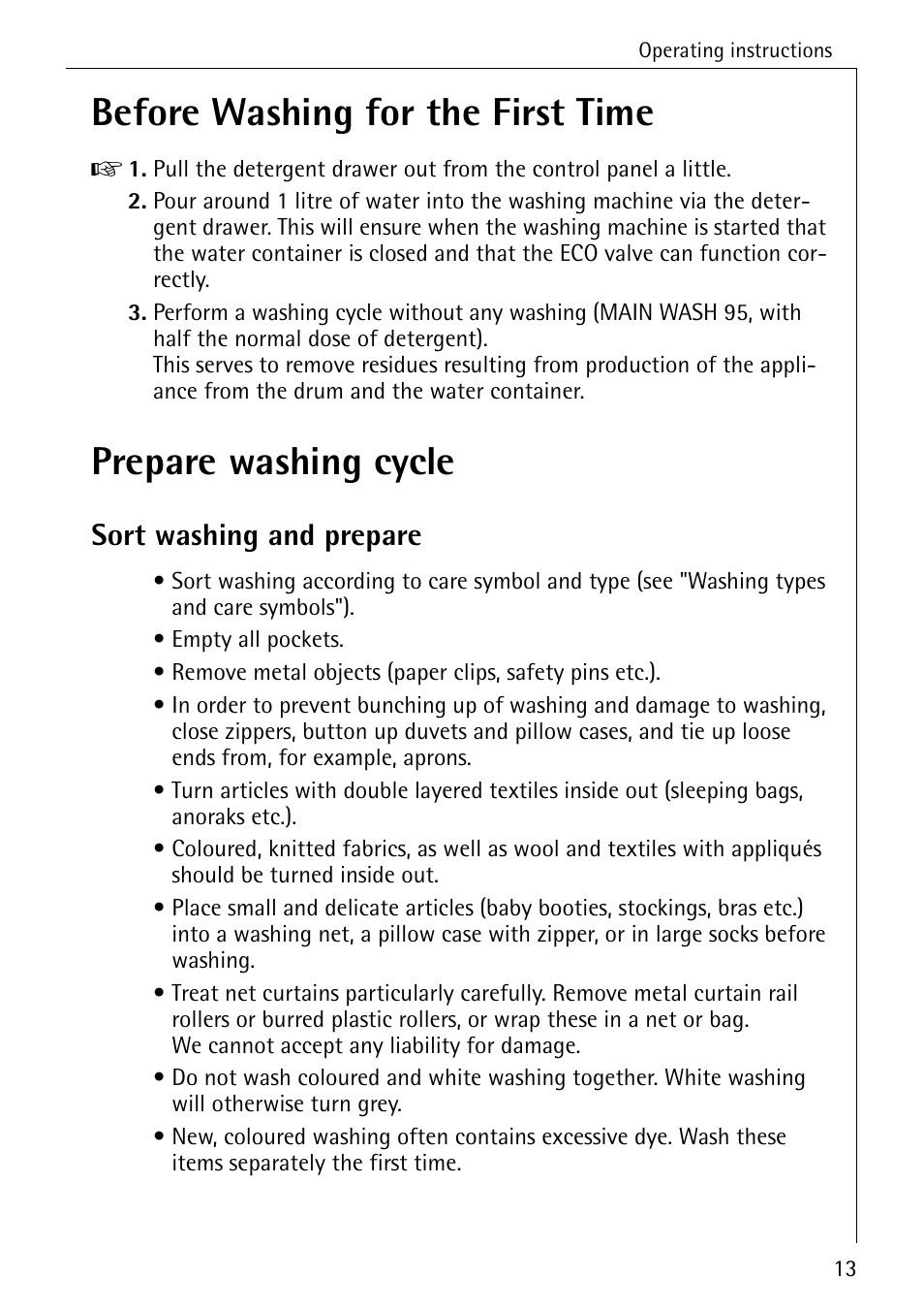 Before washing for the first time, Prepare washing cycle, Sort washing and prepare | AEG LAVAMAT W 1030 User Manual | Page 13 / 44