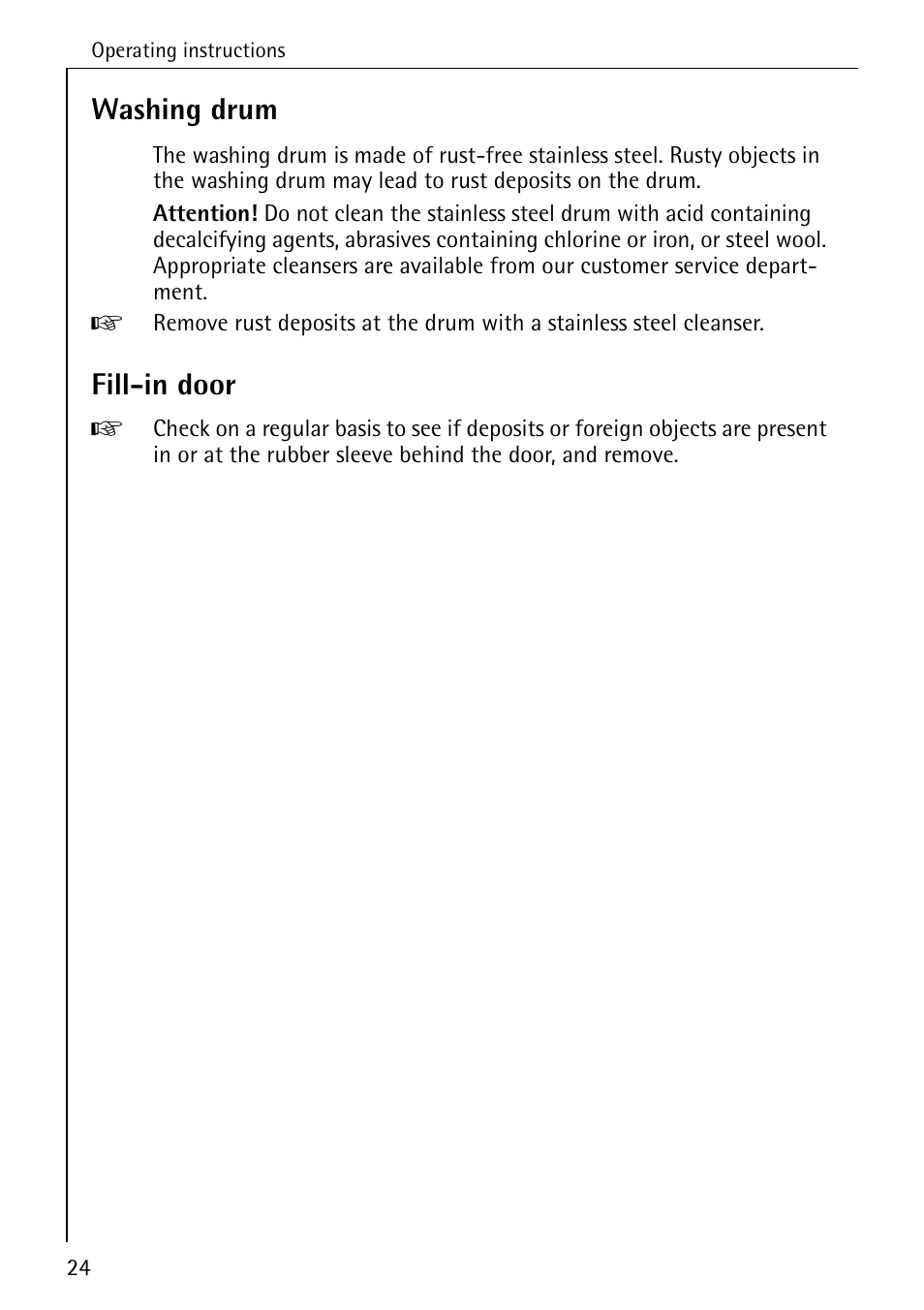 Washing drum, Fill-in door | AEG LAVAMAT W 1030 User Manual | Page 24 / 44