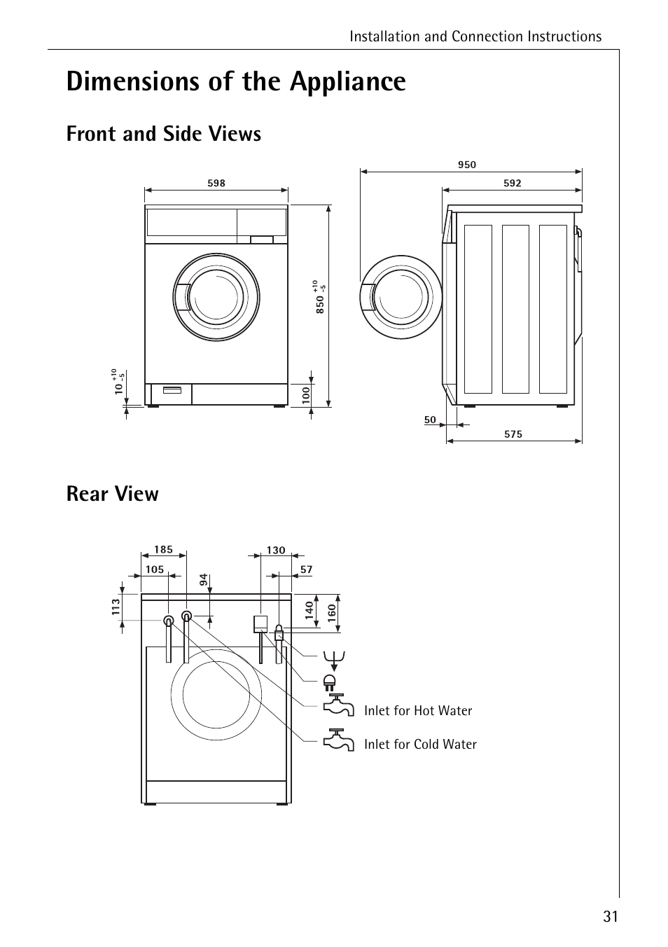 Dimensions of the appliance, Front and side views rear view | AEG LAVAMAT W 1030 User Manual | Page 31 / 44