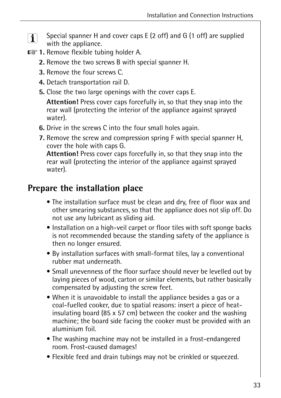 Prepare the installation place | AEG LAVAMAT W 1030 User Manual | Page 33 / 44