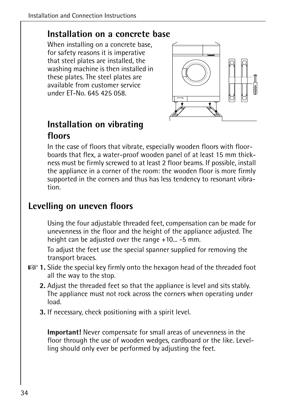 Installation on a concrete base, Installation on vibrating floors, Levelling on uneven floors | AEG LAVAMAT W 1030 User Manual | Page 34 / 44