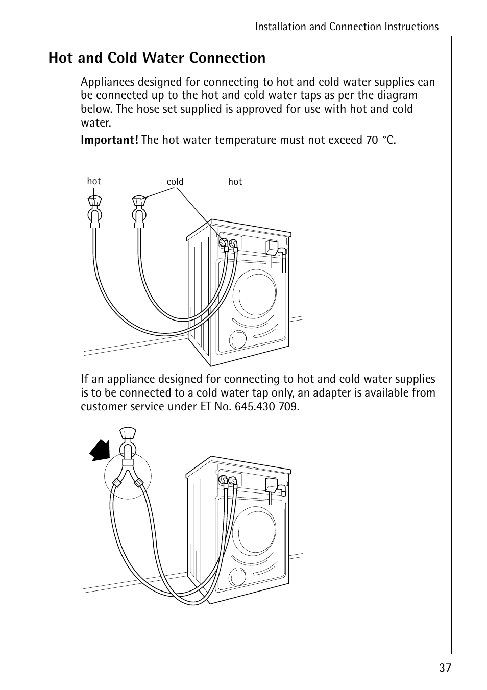 Hot and cold water connection | AEG LAVAMAT W 1030 User Manual | Page 37 / 44