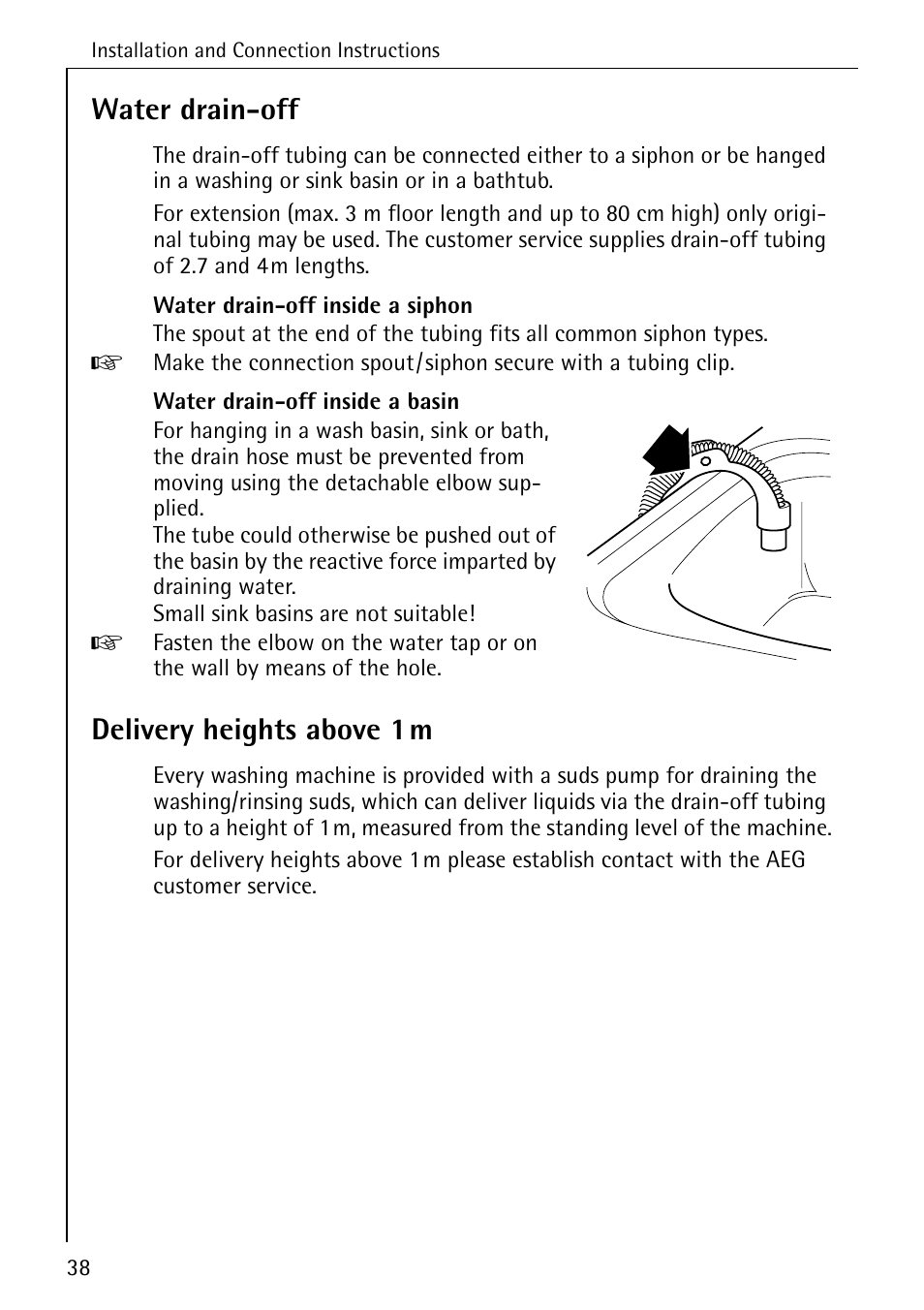 Water drain-off, Delivery heights above 1m | AEG LAVAMAT W 1030 User Manual | Page 38 / 44