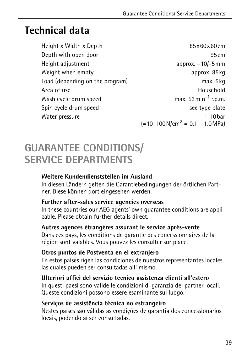 Technical data, Guarantee conditions/ service departments | AEG LAVAMAT W 1030 User Manual | Page 39 / 44
