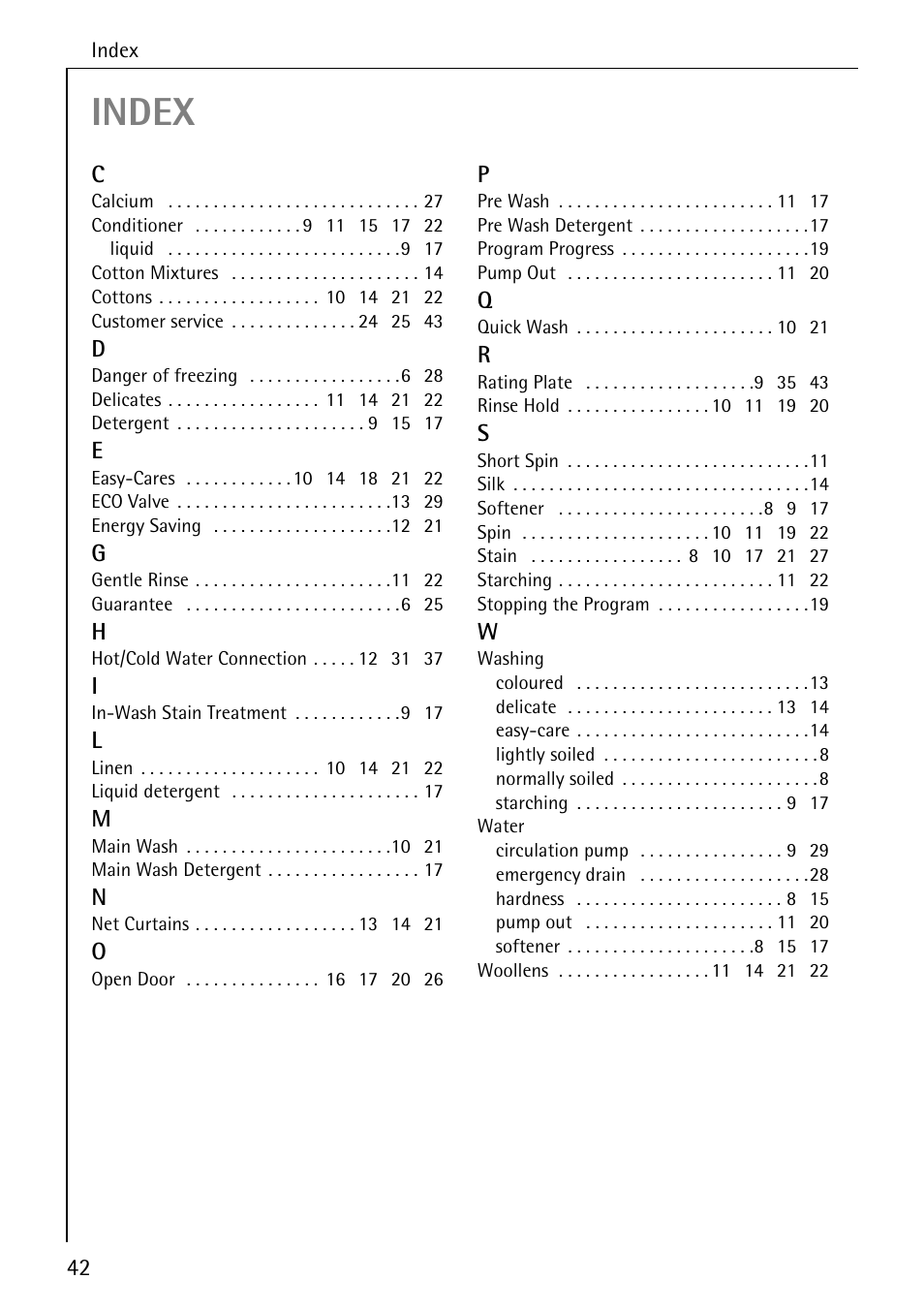 Index | AEG LAVAMAT W 1030 User Manual | Page 42 / 44
