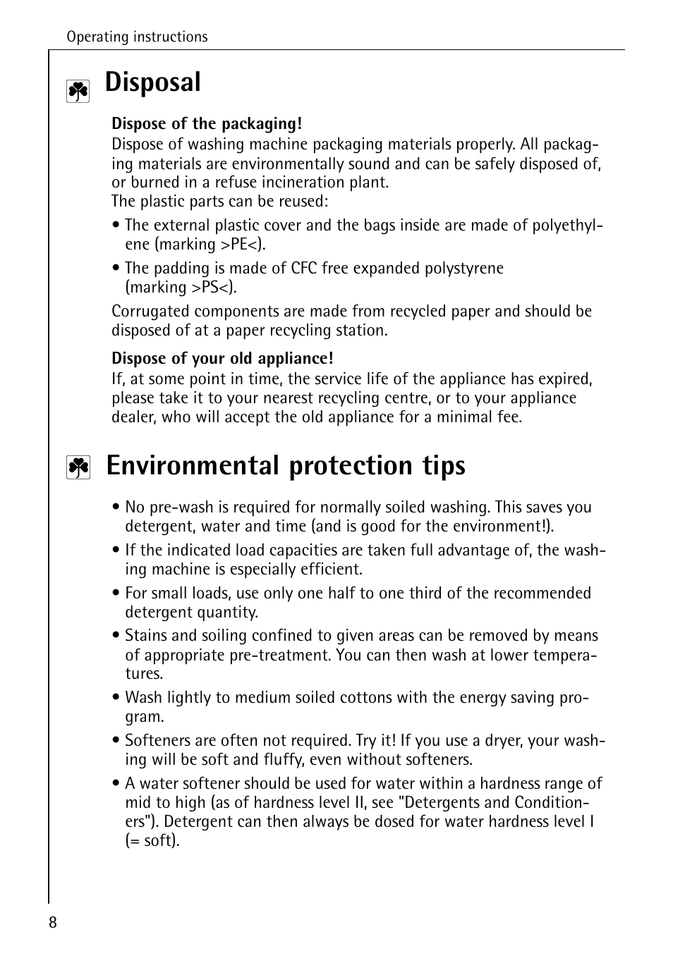 Disposal, Environmental protection tips | AEG LAVAMAT W 1030 User Manual | Page 8 / 44