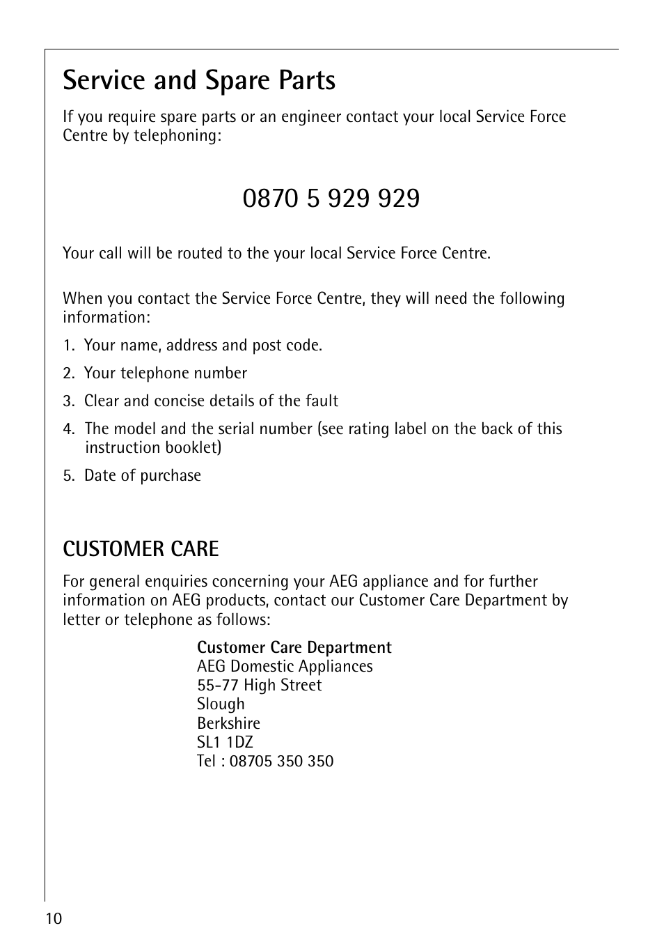Service and spare parts, Customer care | AEG 35601G User Manual | Page 10 / 26