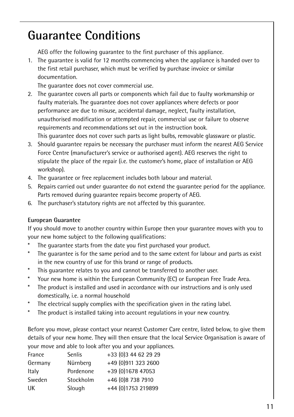 Guarantee conditions | AEG 35601G User Manual | Page 11 / 26